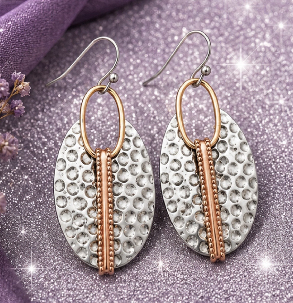 Metal Oval Hammered Silver Tone Lightweight Dangle Earrings