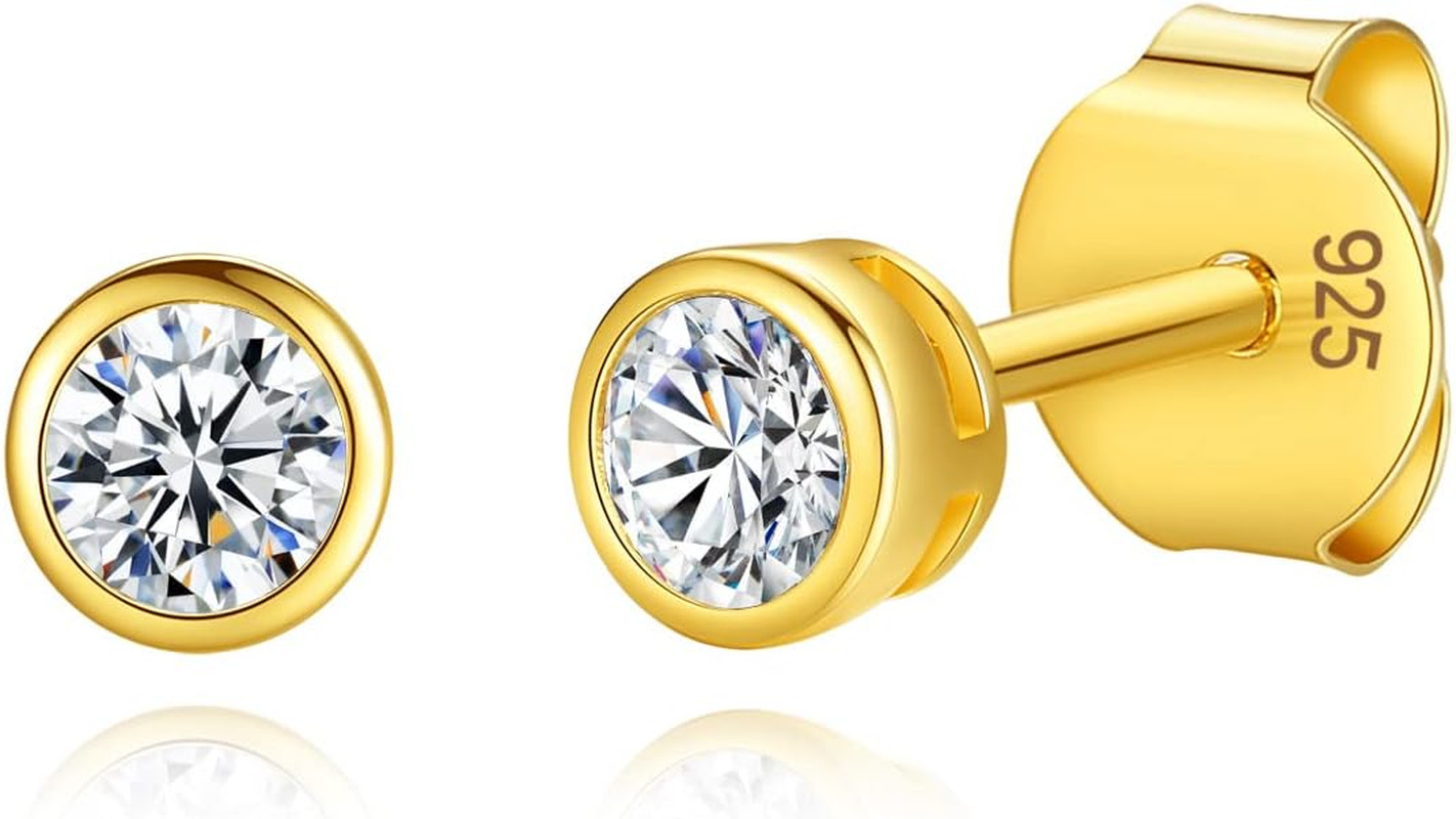 14K Gold Plated 925 Sterling Silver Cubic Zirconia round Bezel Set Stud Earrings