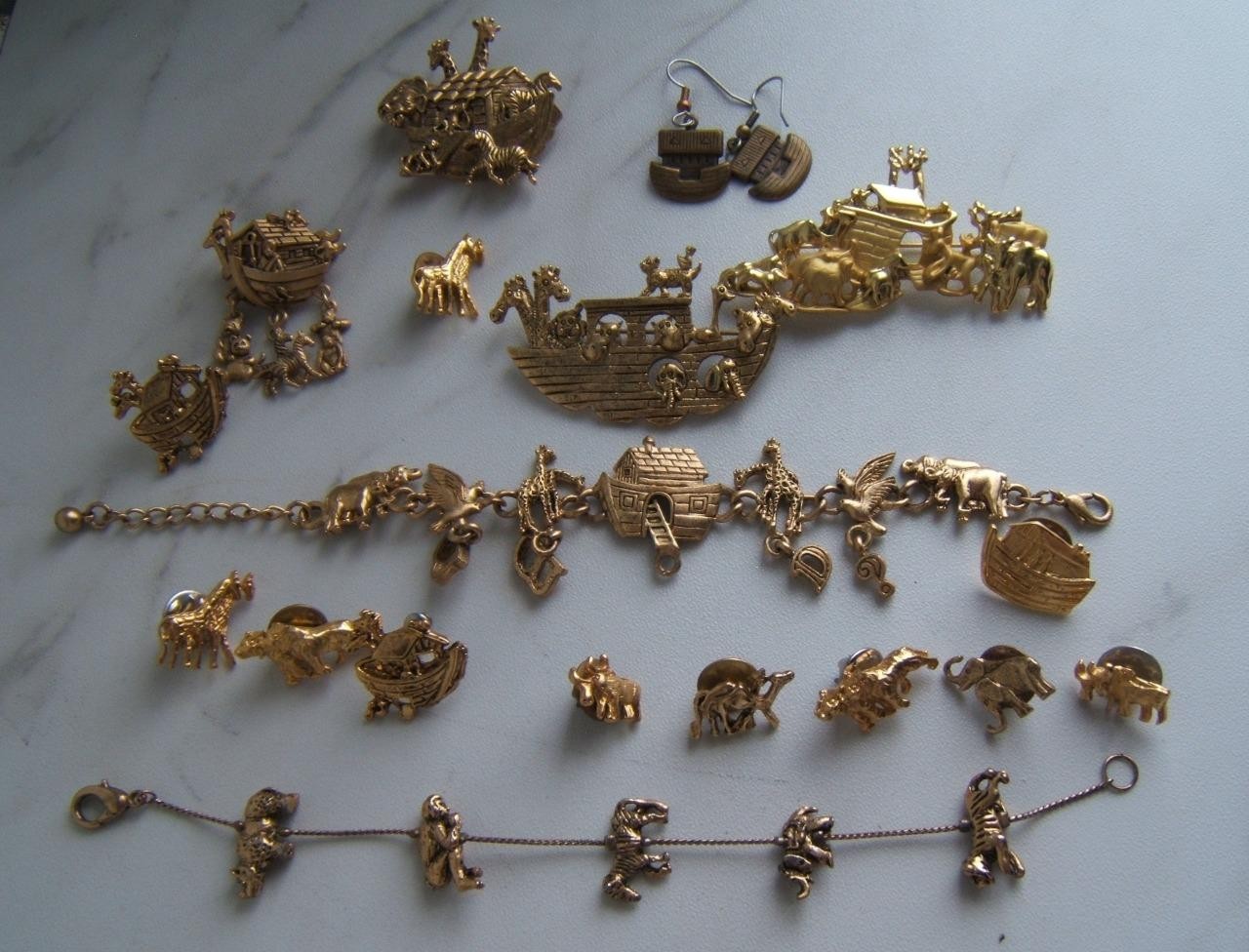 17 NOAH’S ARK GOLD TONE ANIMAL JEWELRY PIECES PINS-EARRINGS-BRACELETS