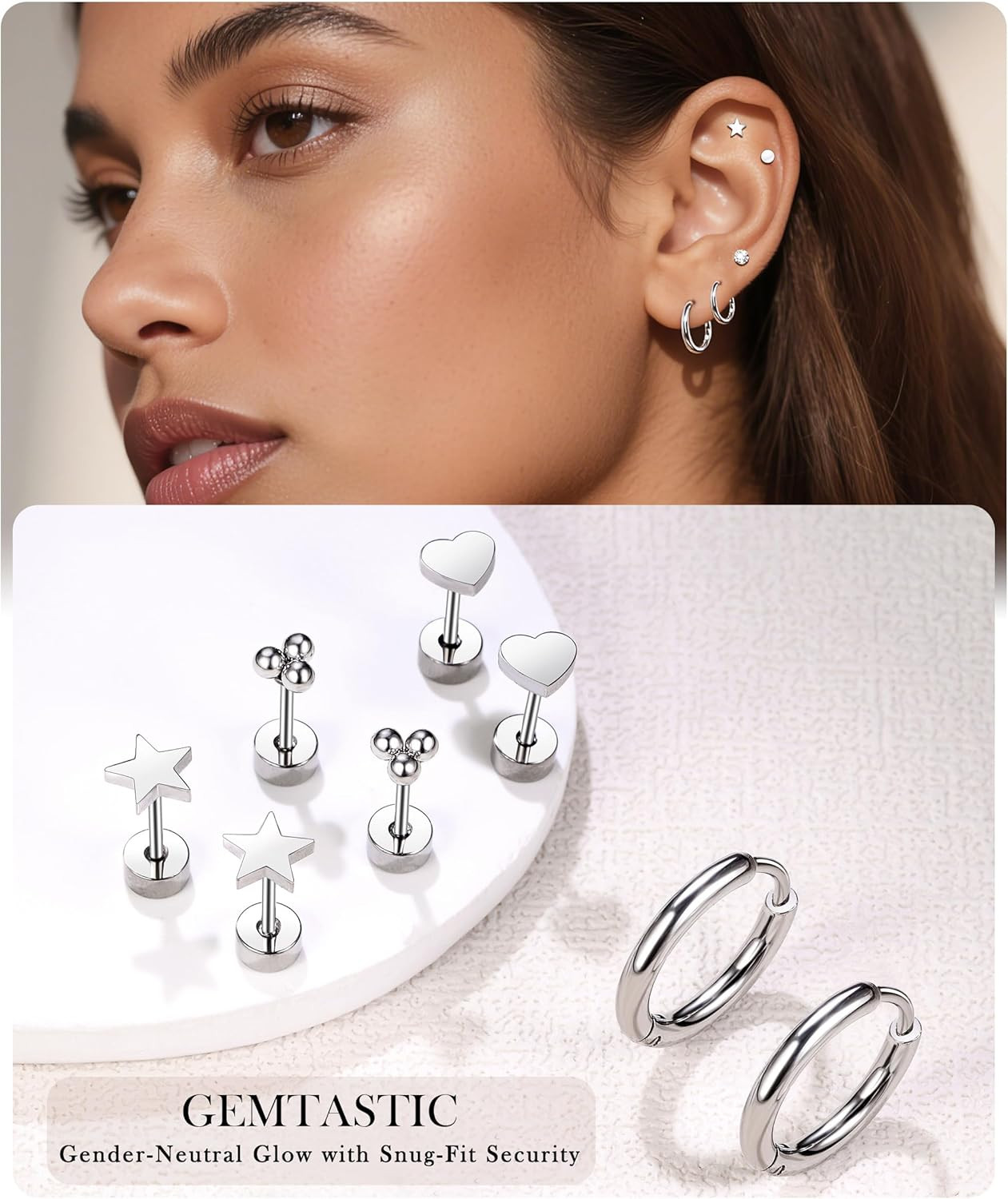 Flat Back Stud Cartilage Earrings Set for Sensitive Ears, Silver, Multiple Pierc