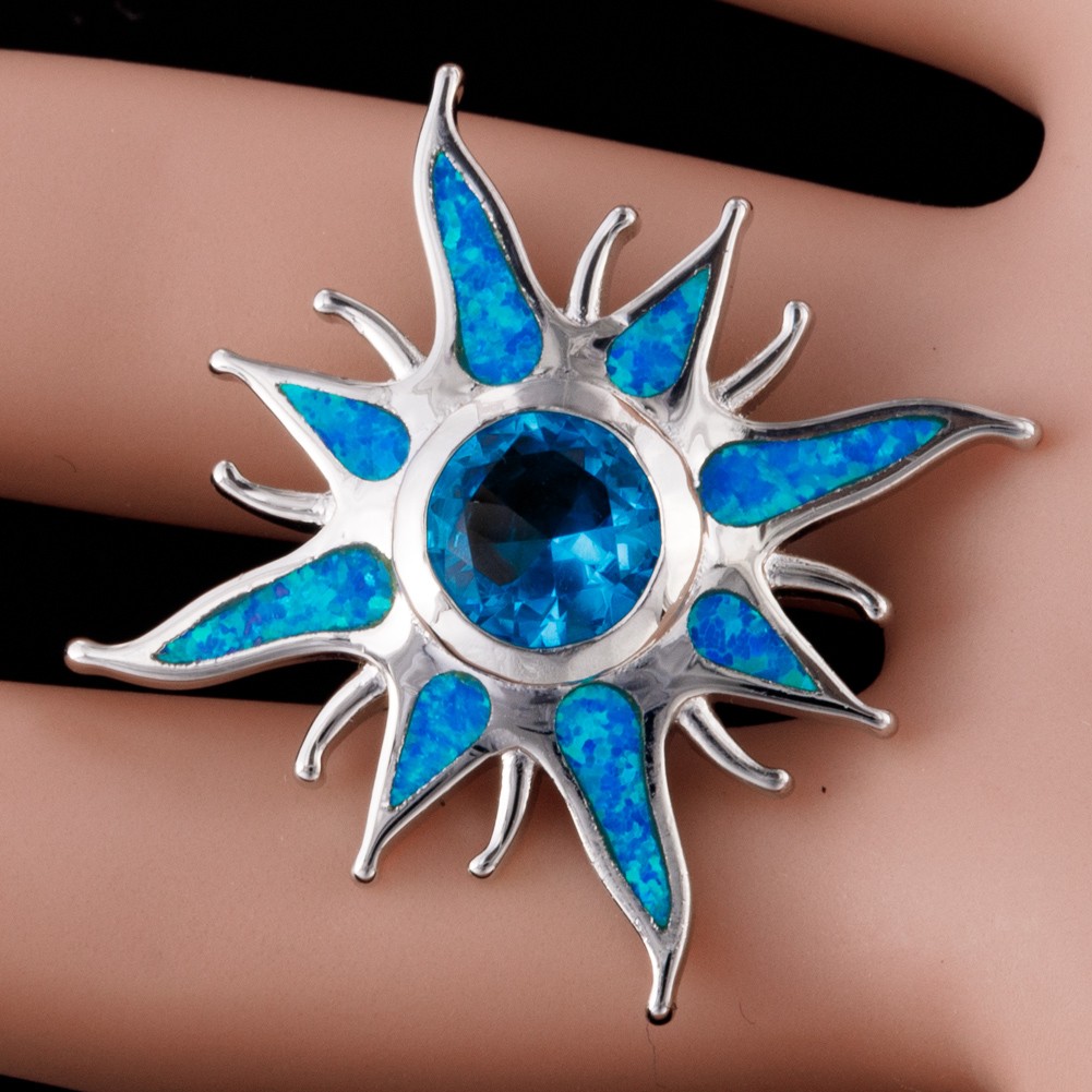 Starburst Simulated Blue Topaz Blue Fire Opal Silver Jewelry Necklace Pendant