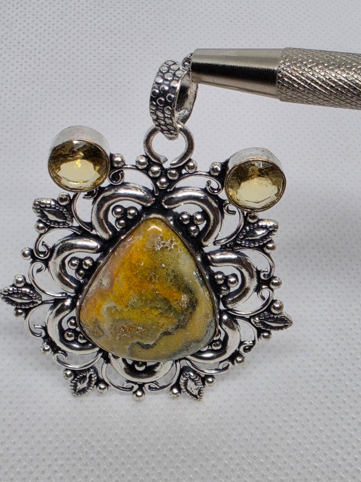 Bumble Bee Jasper and Citrine 925 Silver Plated Long Pendant Size 2.4″
