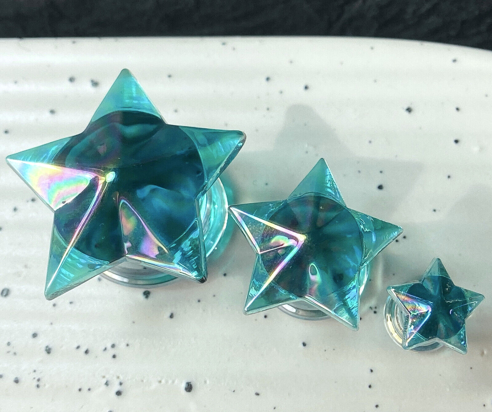 PAIR Glass Plugs Aqua Star Double Flare Gauges Tunnels Piercing Body Jewelry