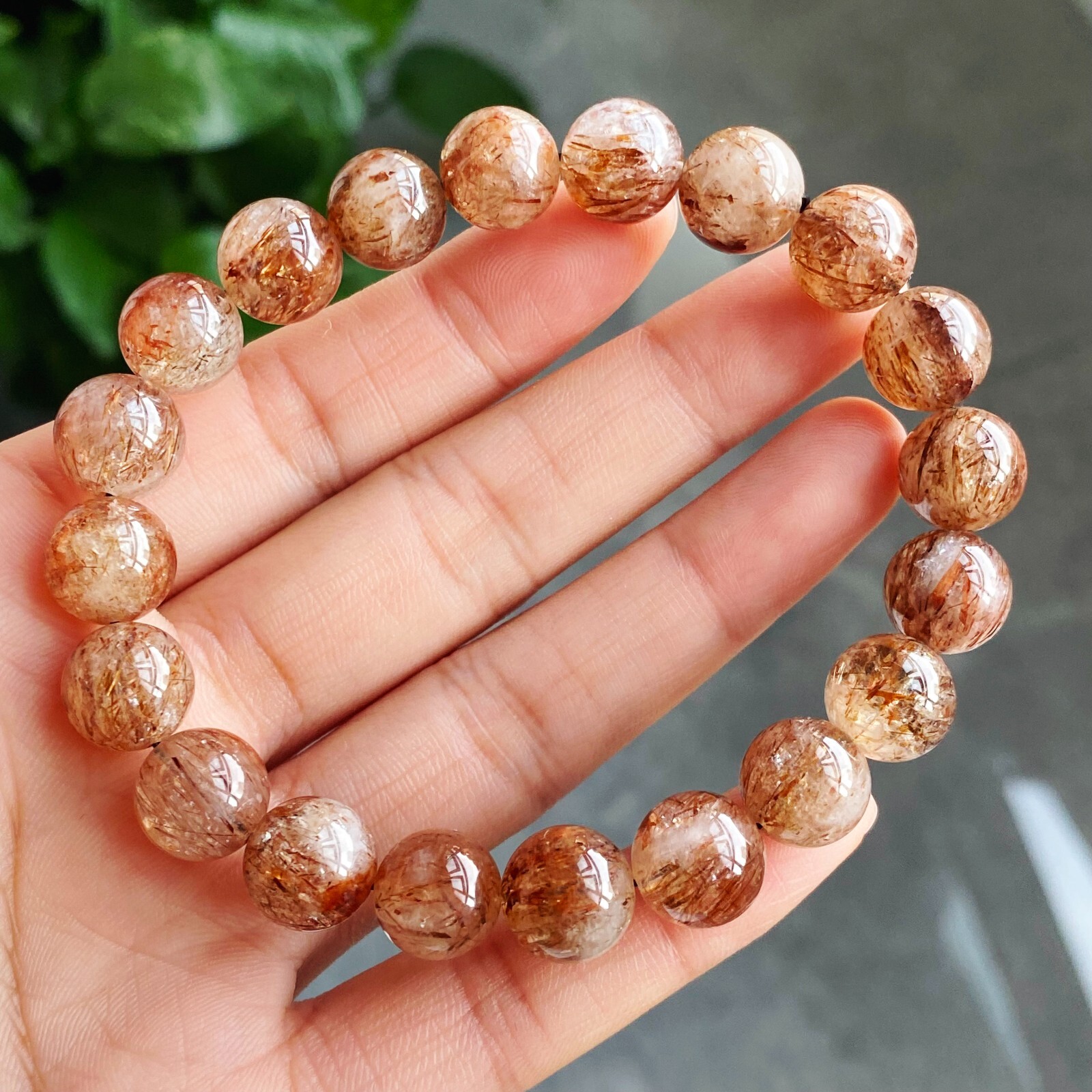 10.5mm Natural Red Copper Quartz Crystal Beads Bracelet 7.9 inch B850