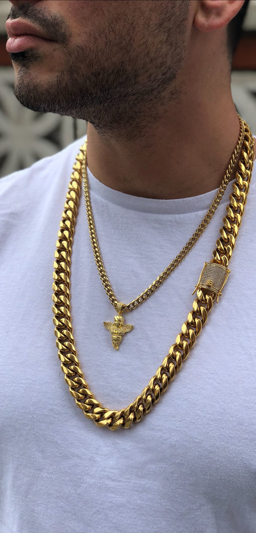 Miami Cuban Link Chain Bracelet Set For Men Solid 316L Stainless Steel 18K Gold