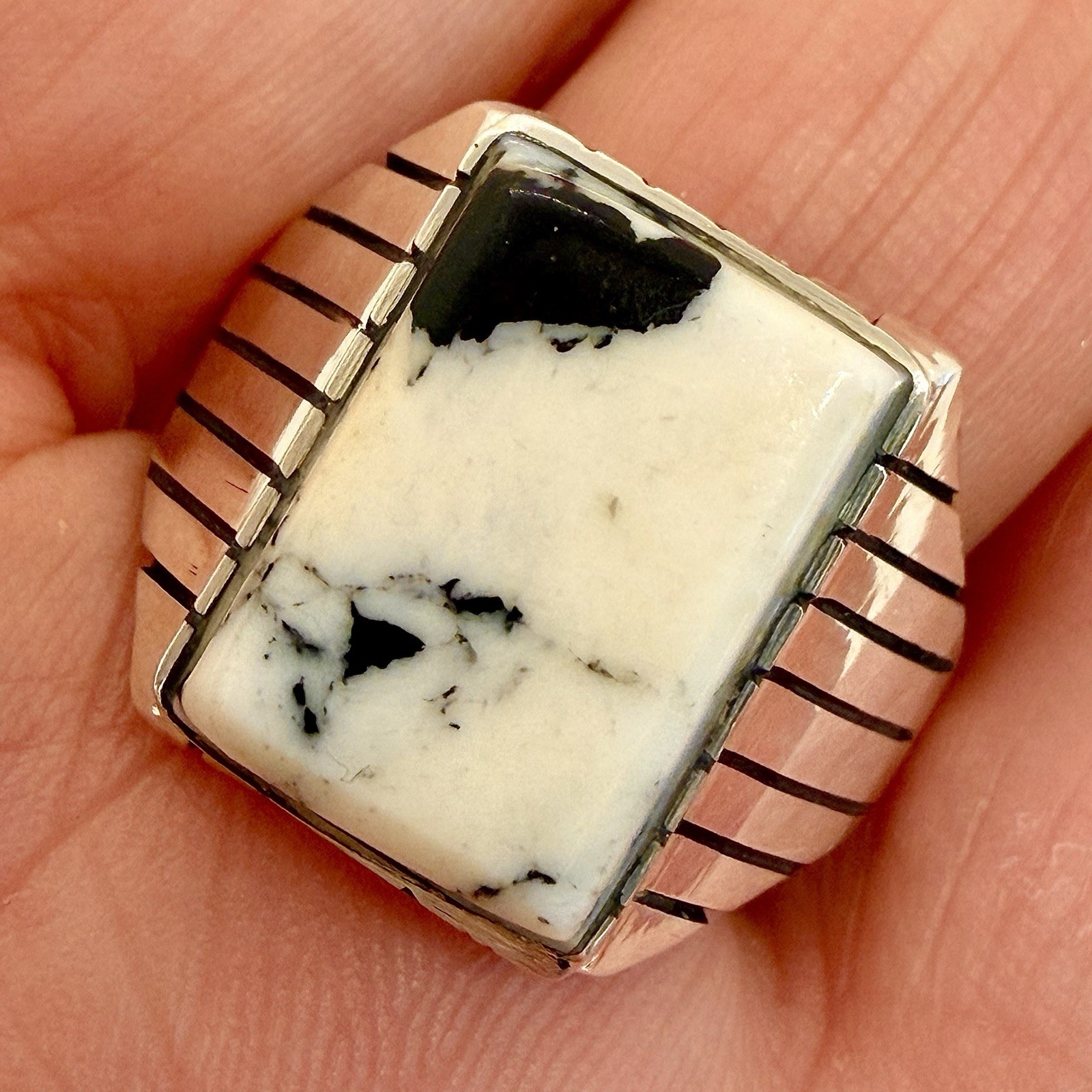 Navajo White Buffalo Turquoise Men’s Ring Size 12 Sterling by Trevor Jack 8.6g