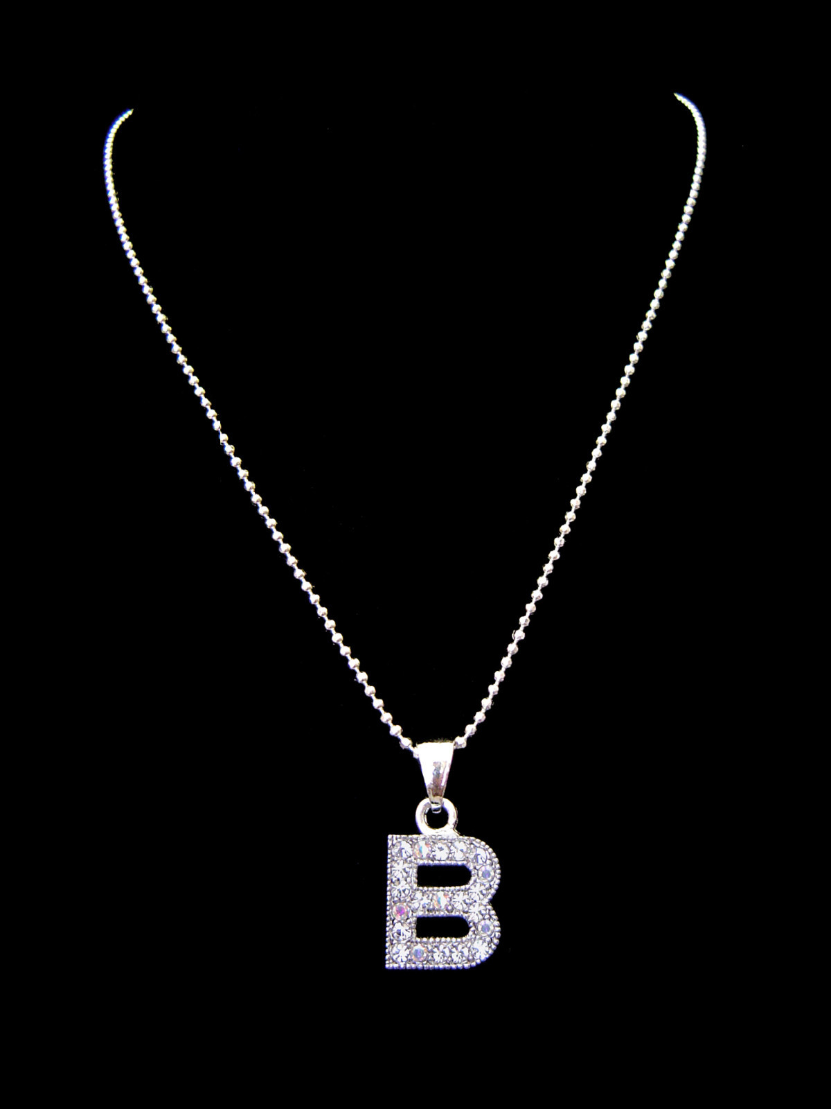 “B” LETTER INITIAL ALPHABET PENDANT CHARM NECKLACE SILVER TONE CRYSTAL 5 COLORS