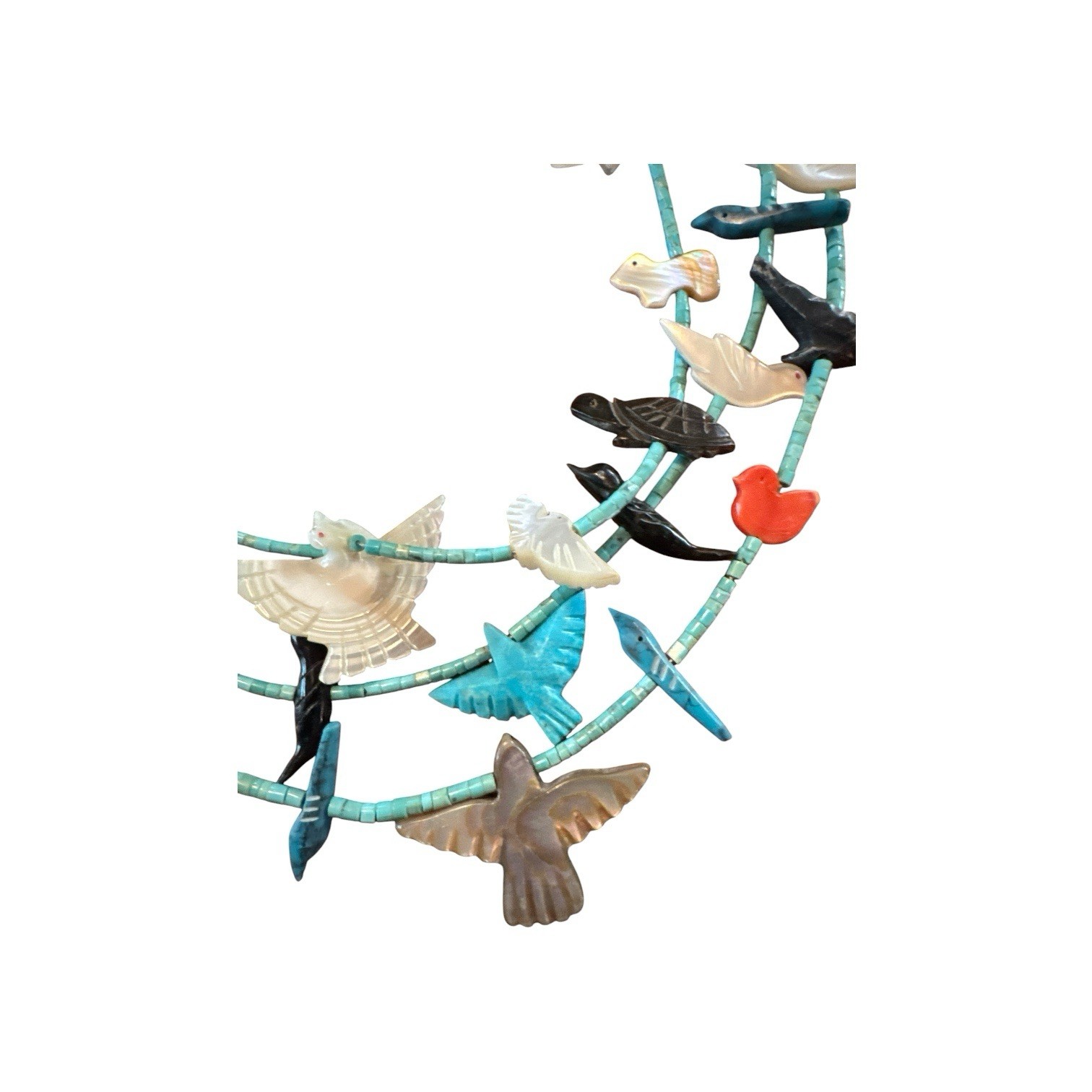 Multi-stone fetish necklace, Native American Zuni style, 3-strand carved animals