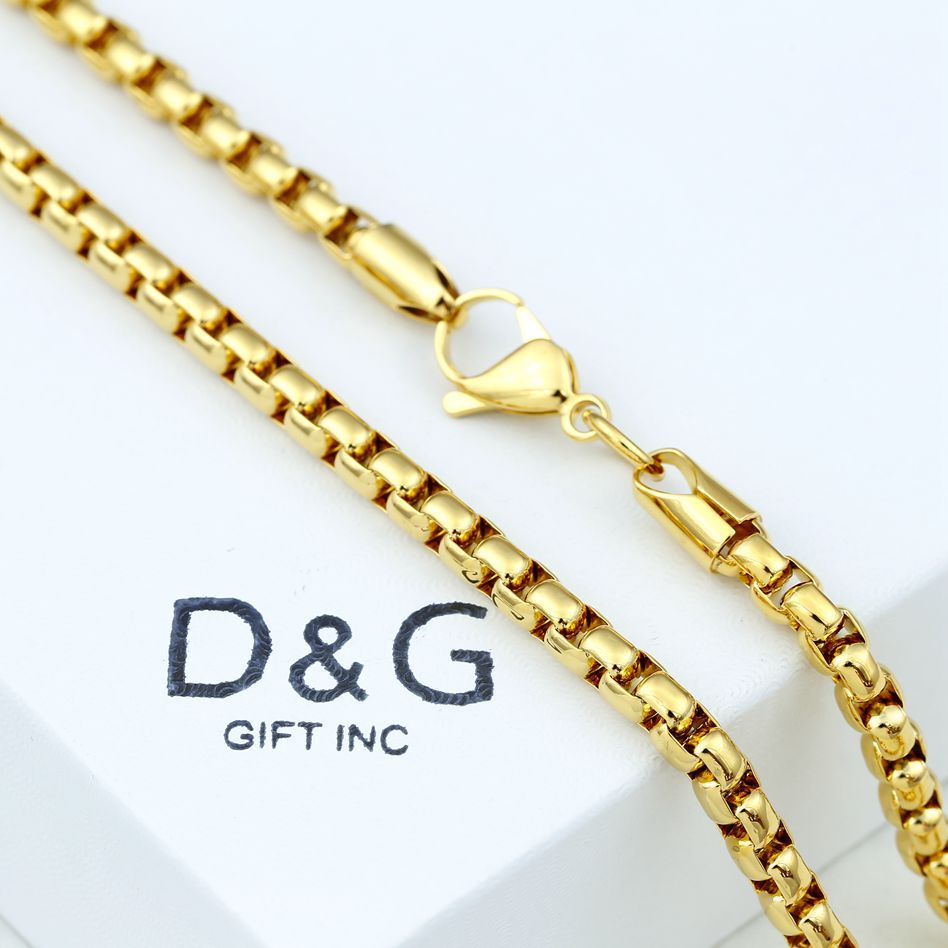 DG Men’s 24″ Stainless-Steel 6mm Round Box Chain Unisex Gold plated*Box