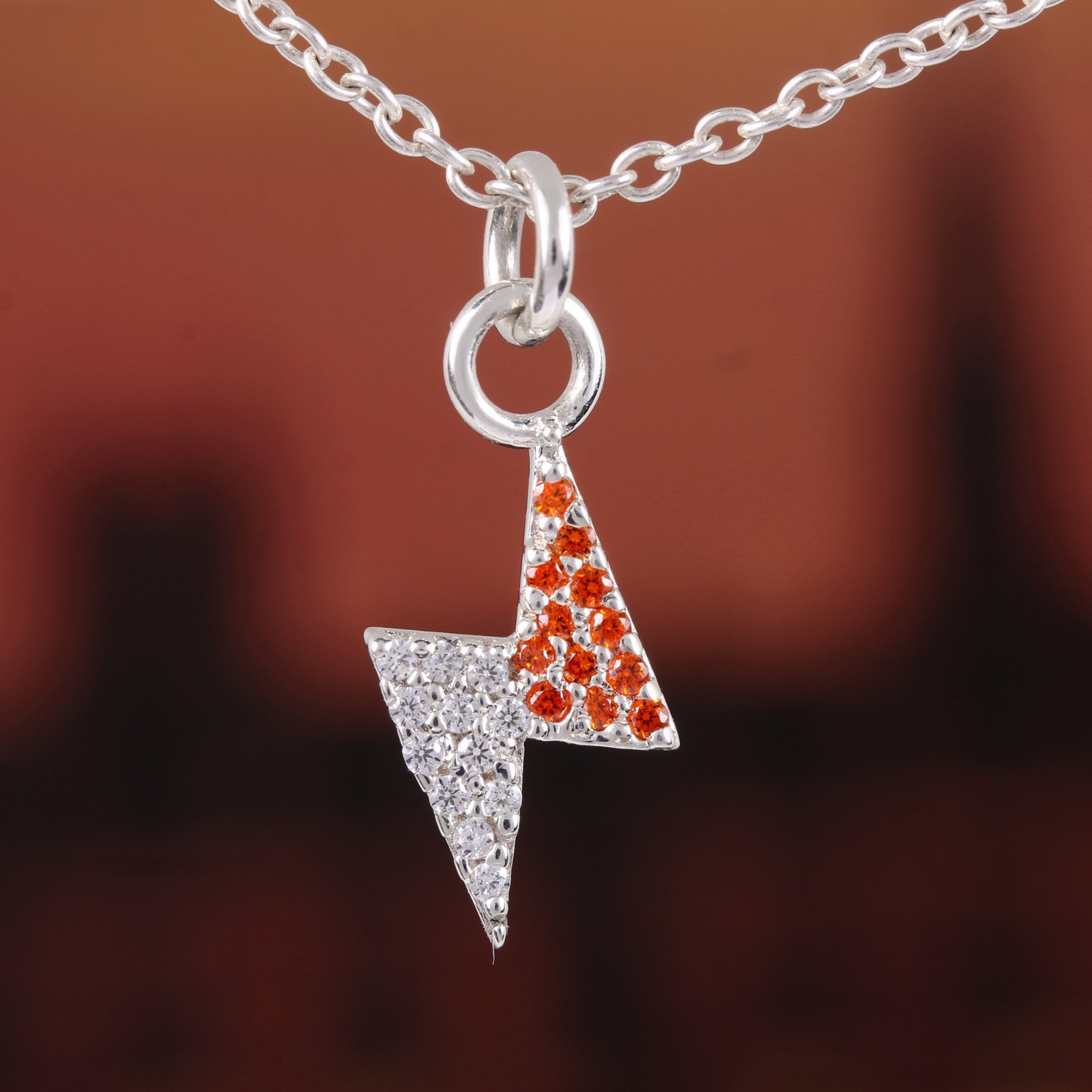 Orange Sapphire Lightning Bolt Charm Pendant Two Tone Sterling Silver Jewelry