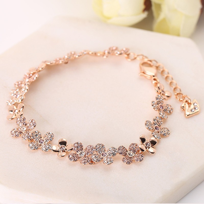 Swarovski High-Quality Rose Gold Petal Bracelet for Women, Crystal Plum Blossom