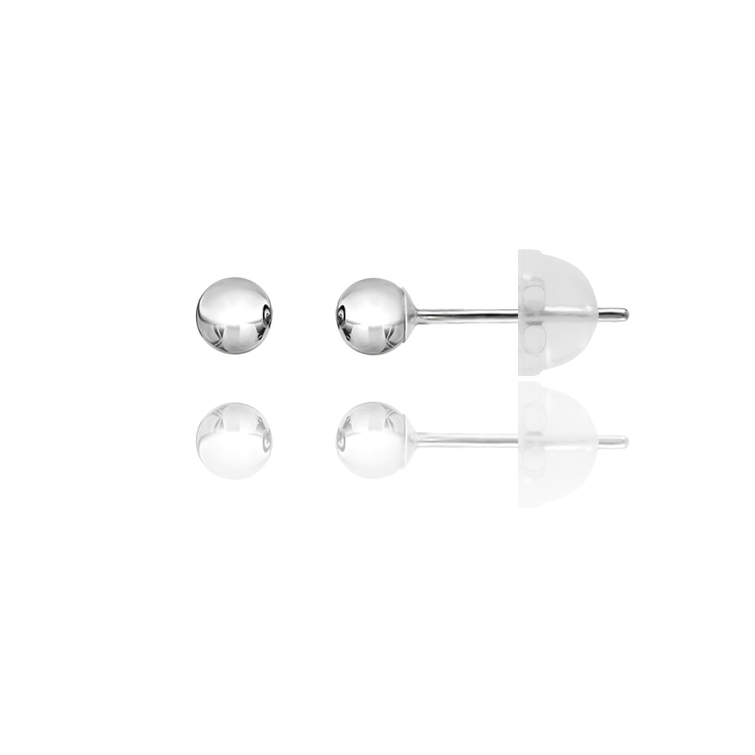 14KT White Gold Ball Stud Earrings 2mm–10mm Silicone Push Back