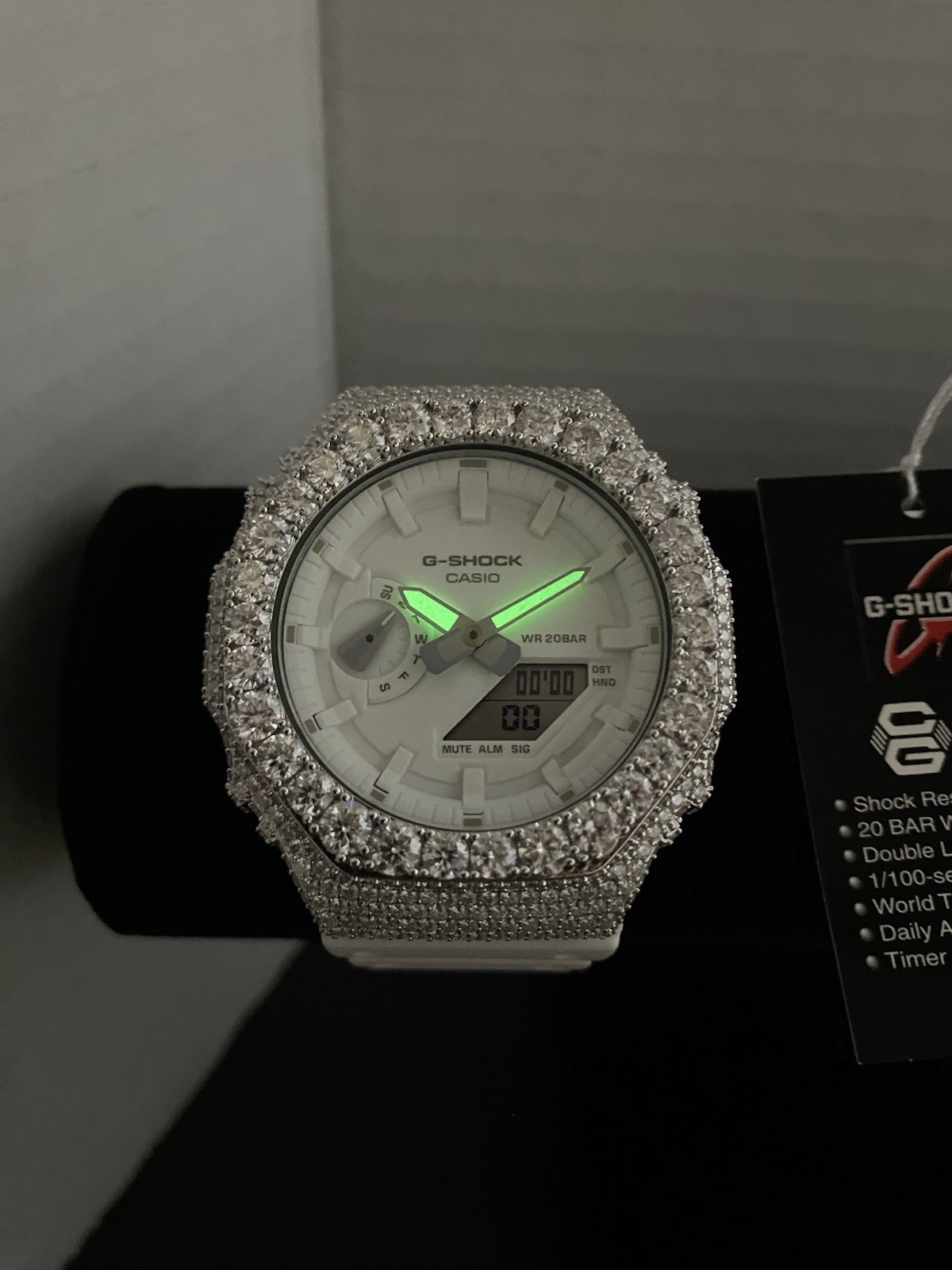 Casio G-SHOCK GA-2100-7A7ER + Custom Moissanite Bezel White Dial Watch