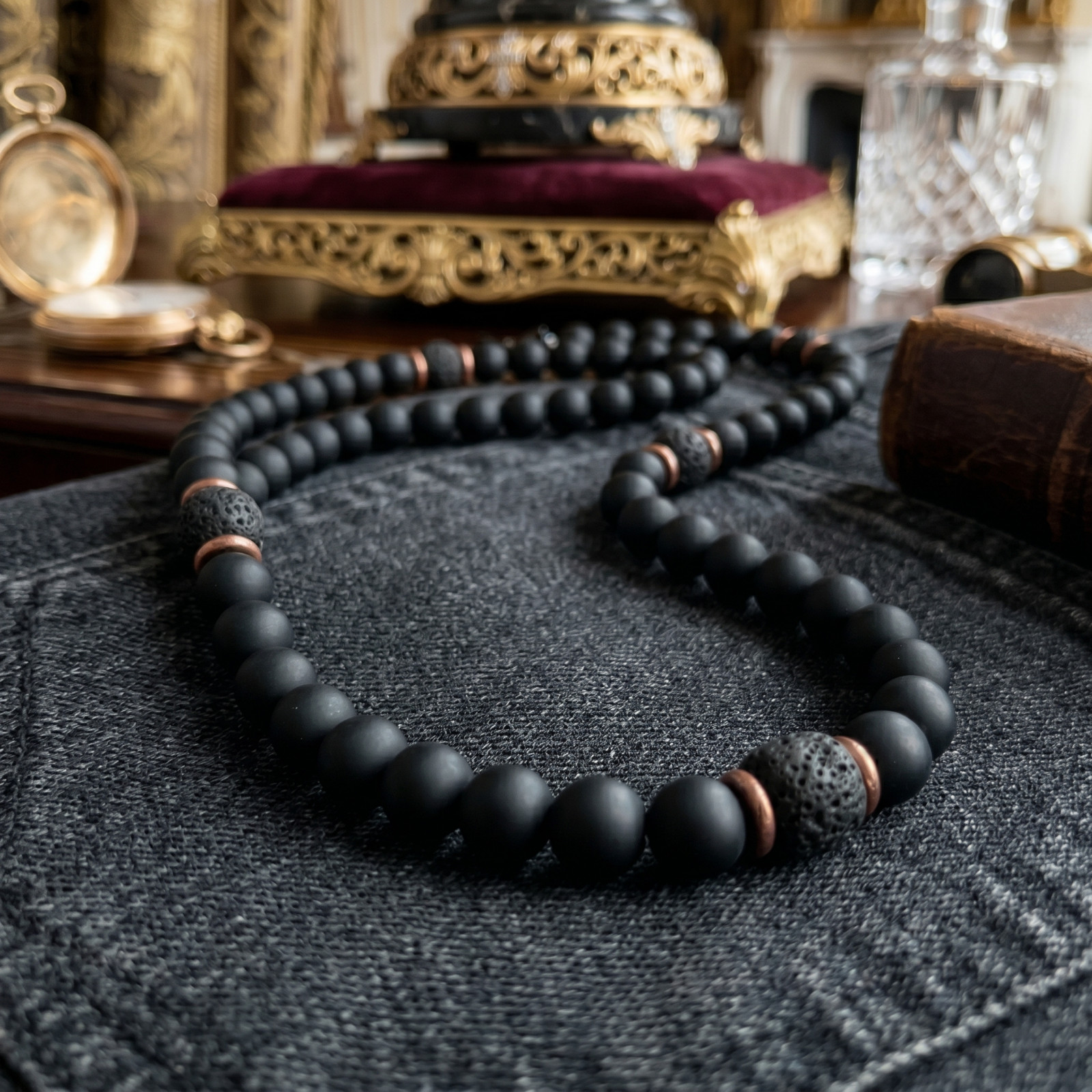 Natural Matte Black Onyx Lava Rock Stone Beaded Necklace Mens Zen Mala Jewelry
