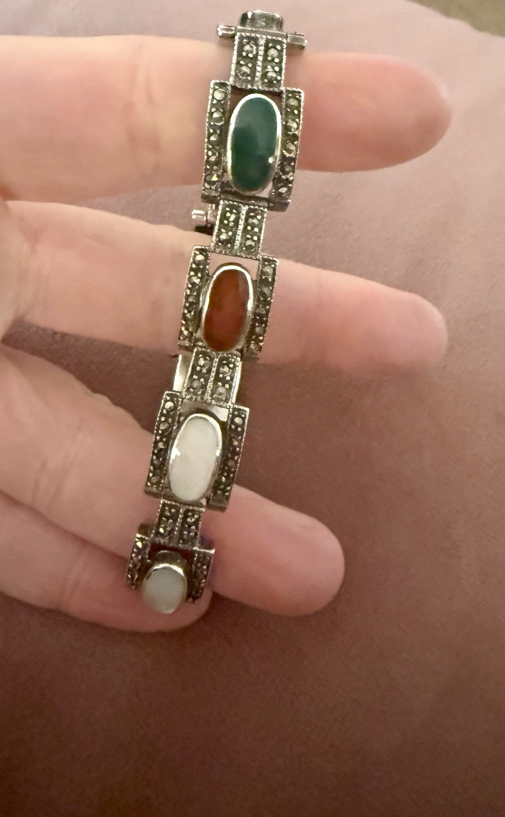 925 Sterling Silver Multi Gemstone Marcasite Art Deco Style Link Bracelet 7.5”