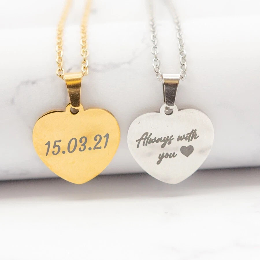 Engraved Heart Necklace: Personalized Stainless Steel Pendant with Free Chain