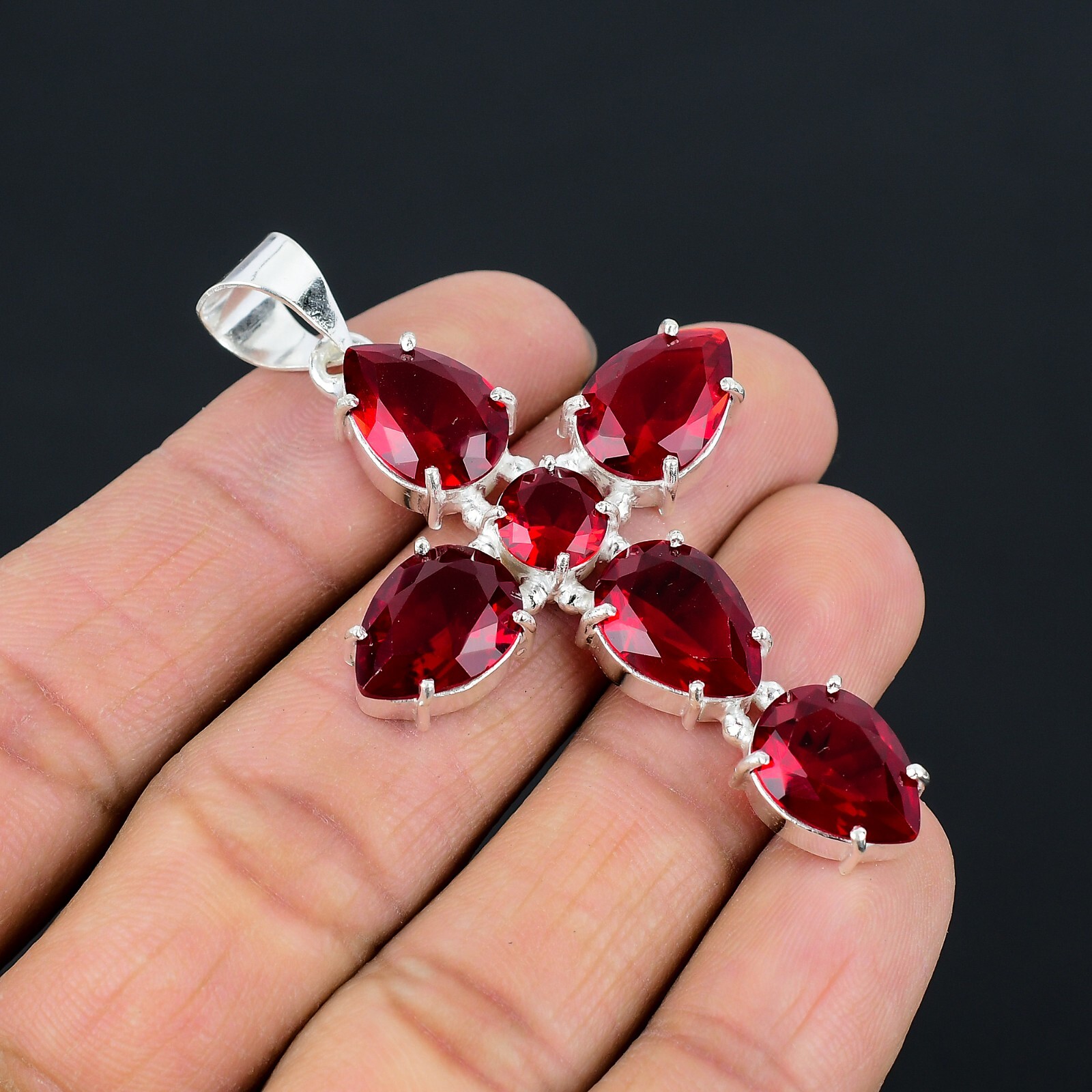 Garnet Ethnic Handmade Cross Design Pendant Jewelry Party Wear 2.6″ CP 007