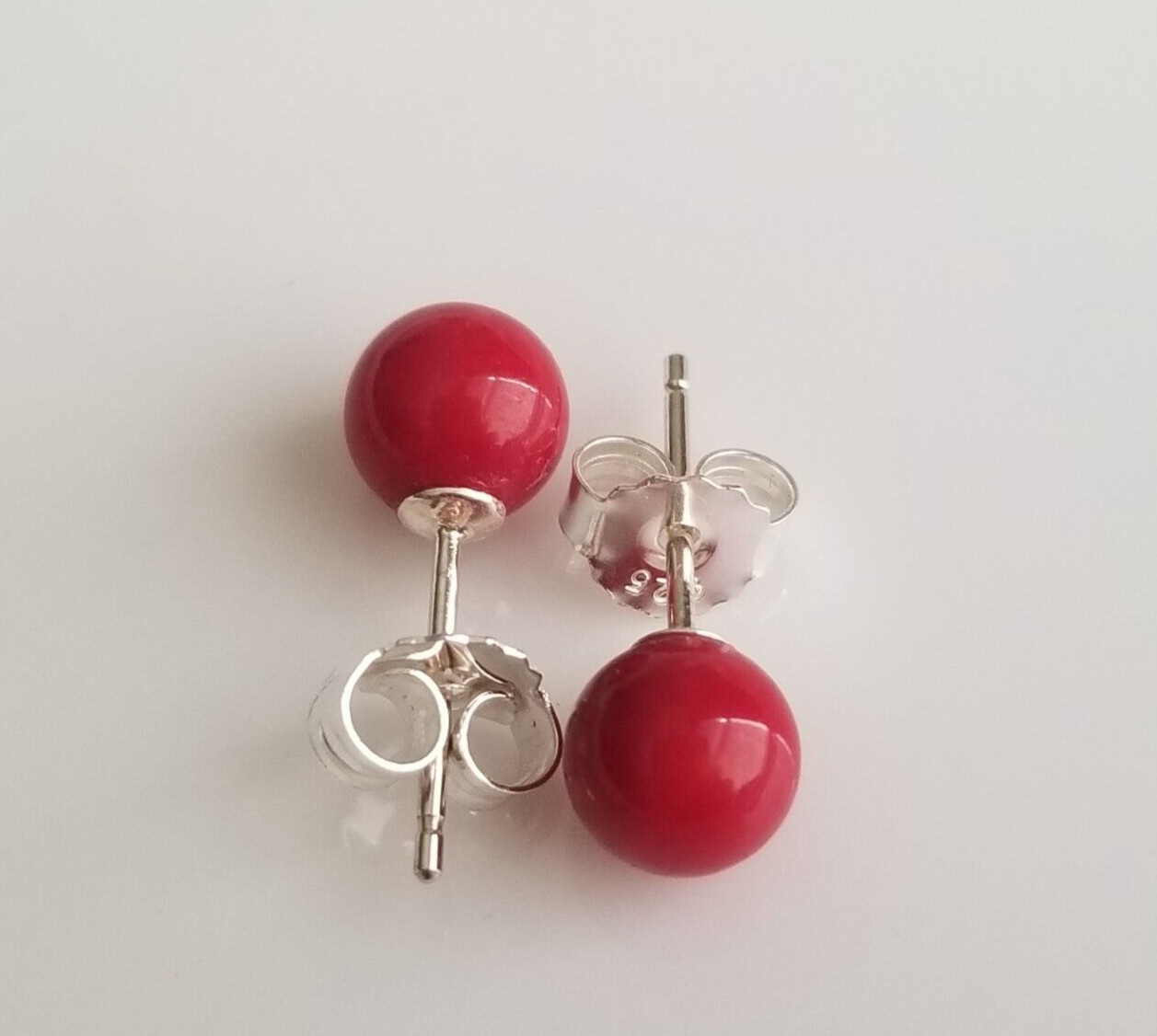 Natural Bamboo Red Coral 6mm Round Ball Stud Earrings Solid 925 Sterling Sliver