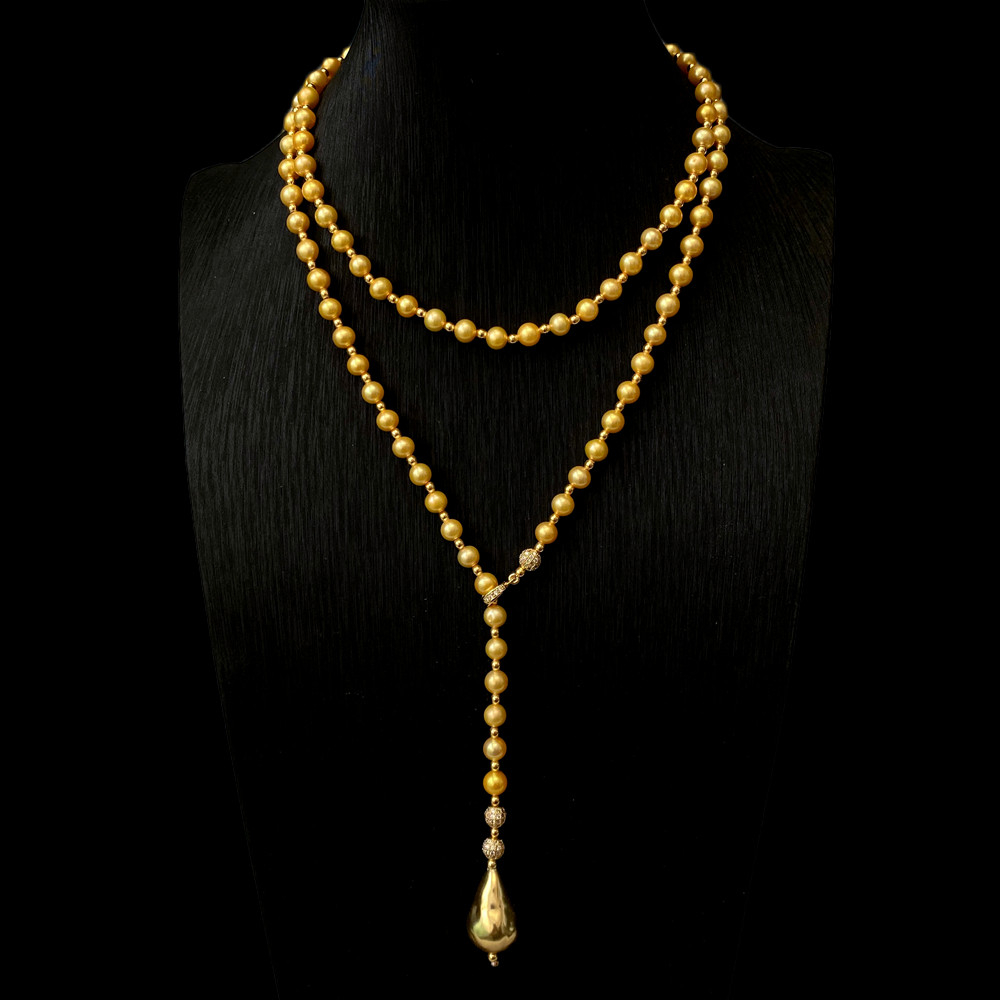 Cultured AA Grade Golden Pearl Gold Plated Baroque Pearl Long Necklace 36″