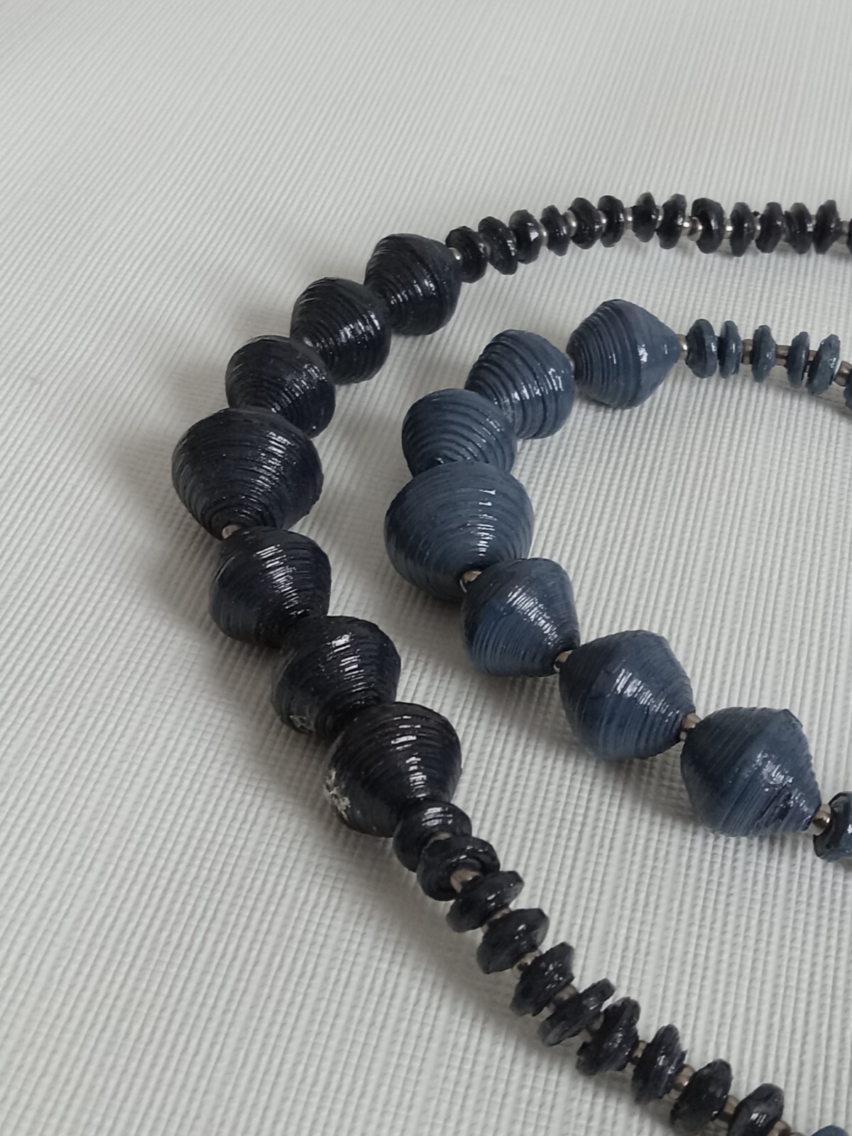 Shades of Blue Lightweight Ribbed Paper Beads Long Length Single Strand Necklace