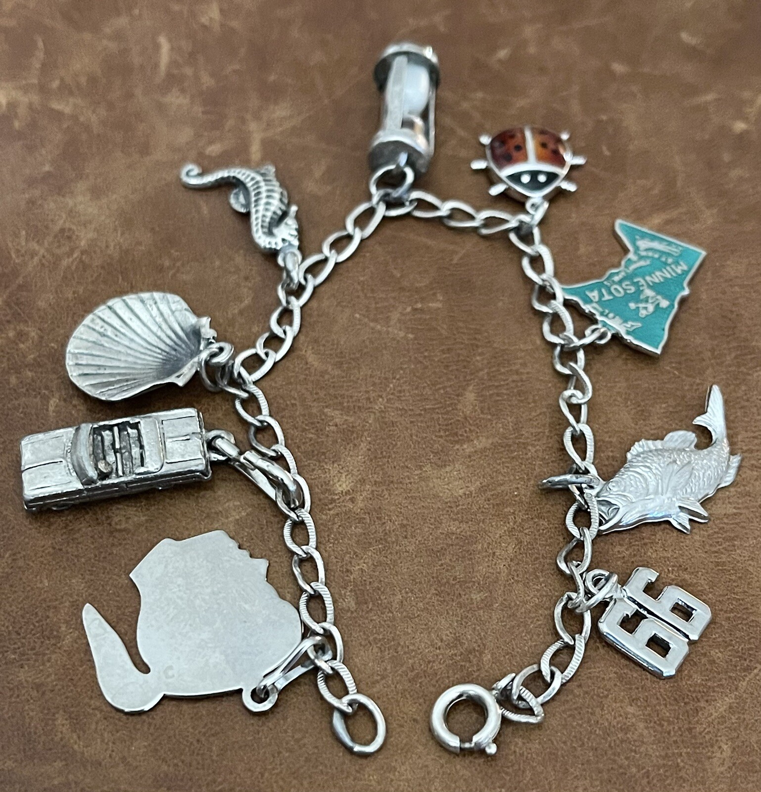 Vintage 9 Dangle Charms 925 Sterling Silver On Curb Link Chain Bracelet 7” In