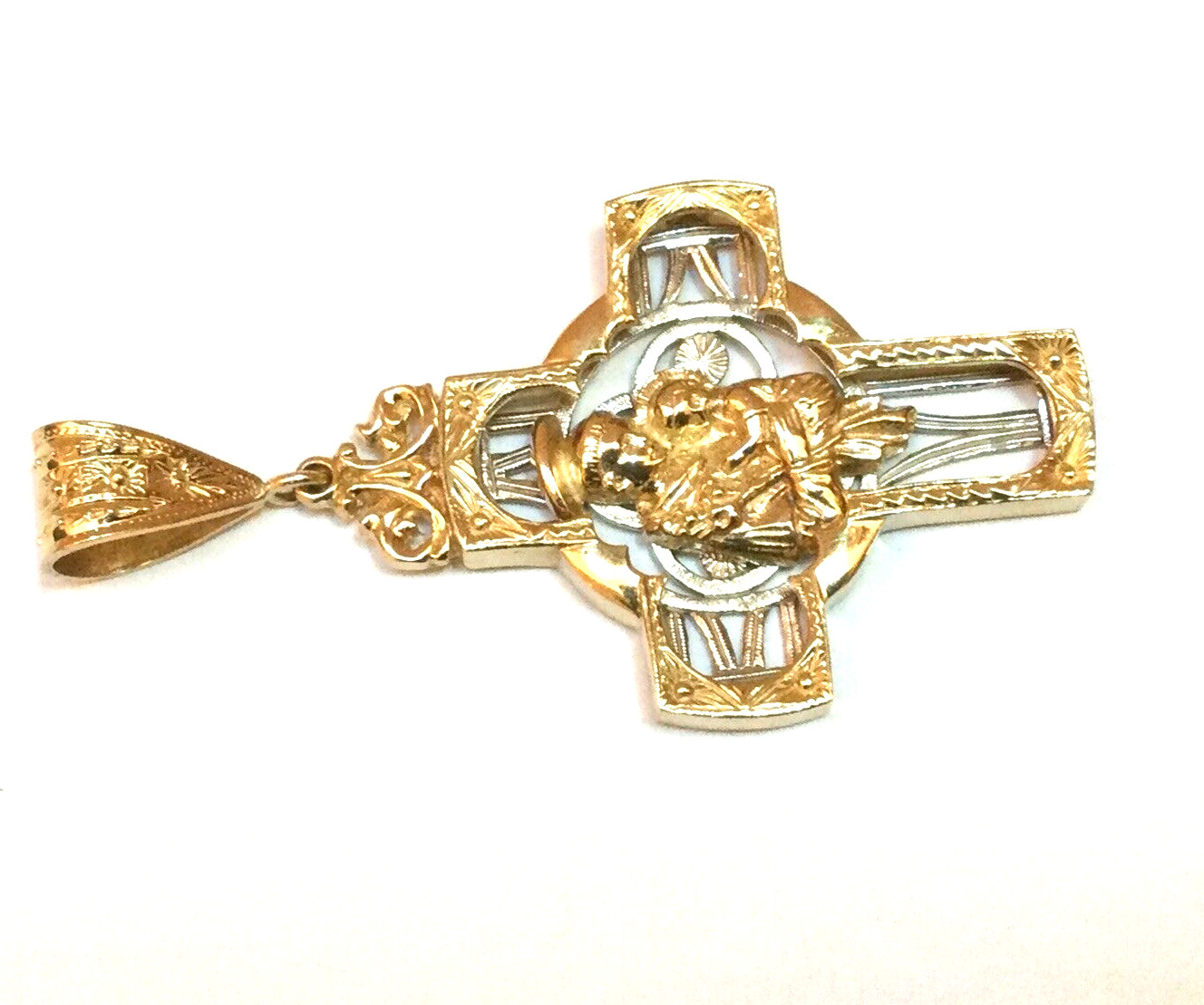 10k Yellow White Gold Heavy Celtic Double Sided Cross Pendant 28.5 Grams