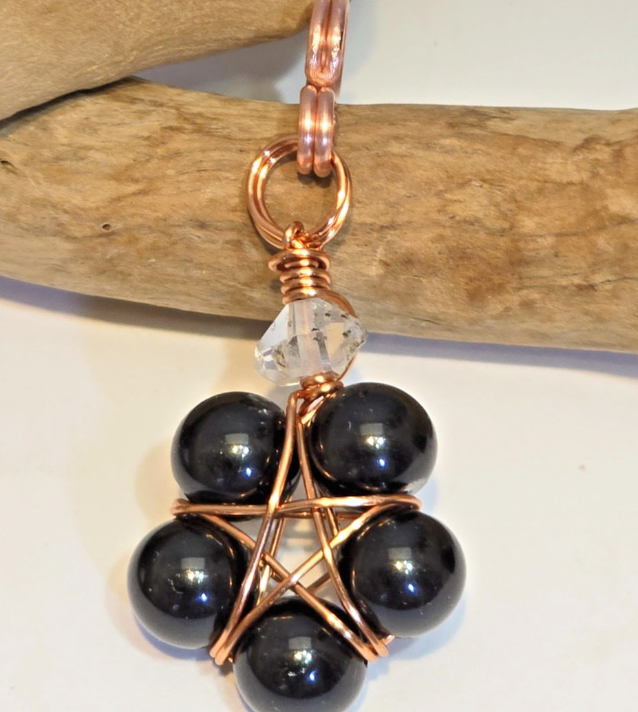 Copper Wire Wrapped 5-Point Star Pendant w/ Black Tourmaline & Herkimer Diamond