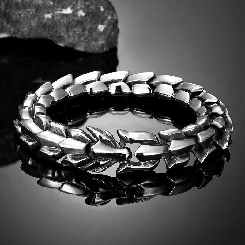 Ouroboros Dragon Head Bracelet Men Punk Stainless Steel Wristband Vikings Bangle