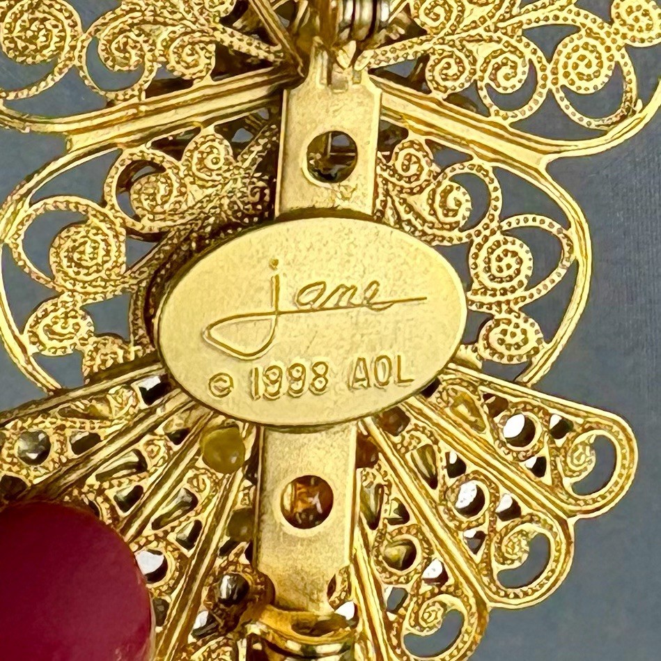 Vintage Frosted Glass Filigree Angel Brooch Pin Signed Jane
