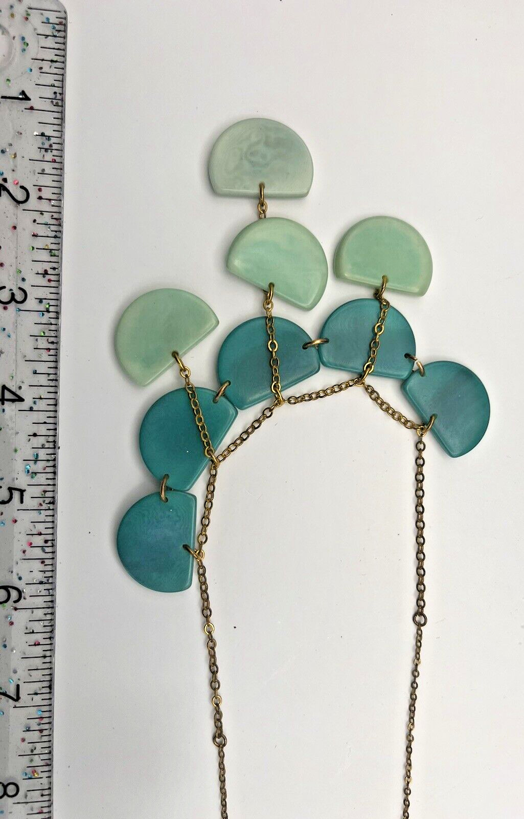 Teal Blue Green Gold Tone Dangle Necklace Fashion Jewelry Acrylic Semicircles