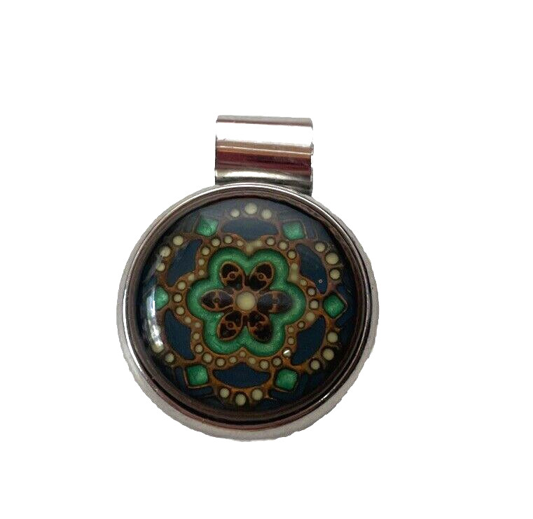 Blue and Green Kaleidoscope Mosaic Flower Sliver Tone Round Pendant