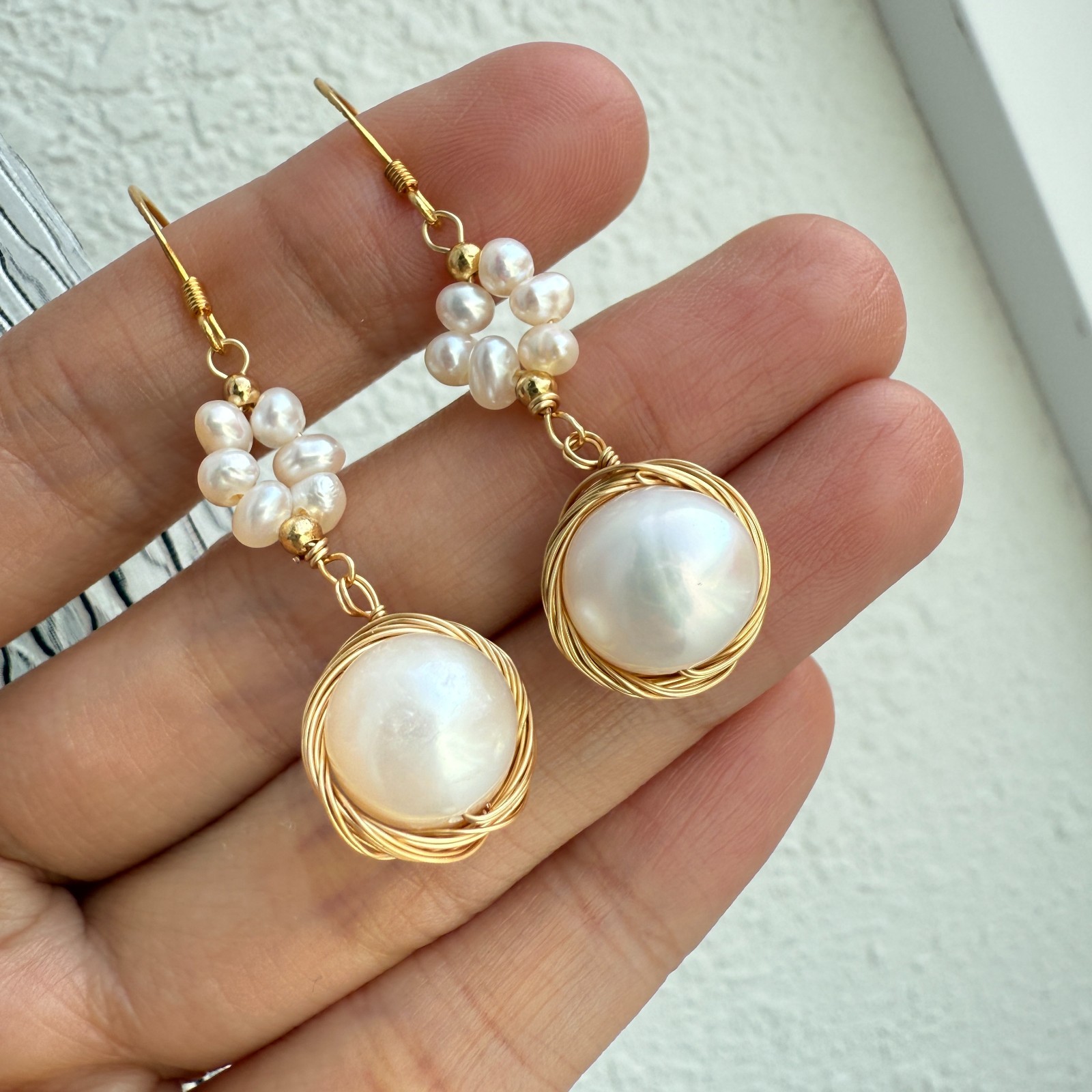 Natural Freshwater Pearl Earrings 925 Sterling Sliver Wire Wrapped Handmade Drop