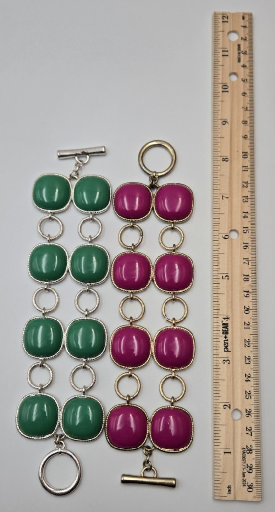 Signed BR Chunky Link Bracelets Pink Green Statement Set of 2 , lot 199