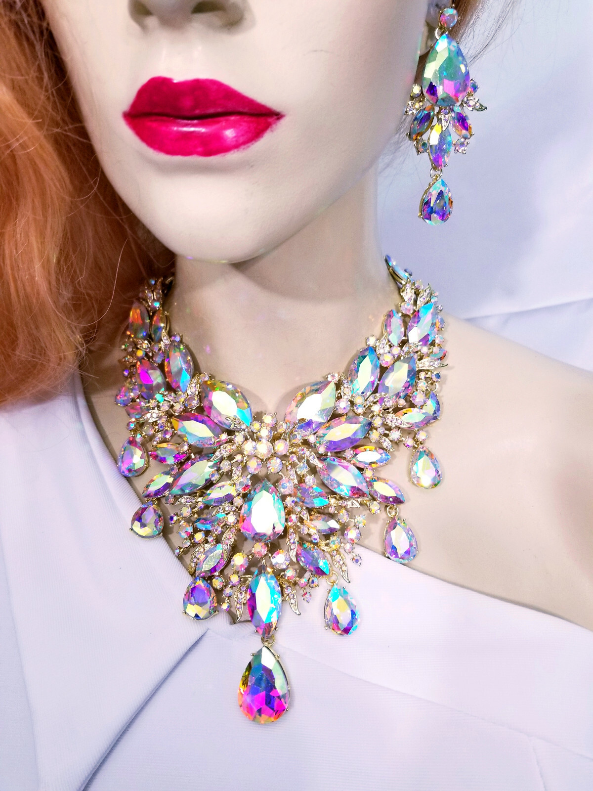 Breastshield Bib Necklace Earring Set Rhinestone AB