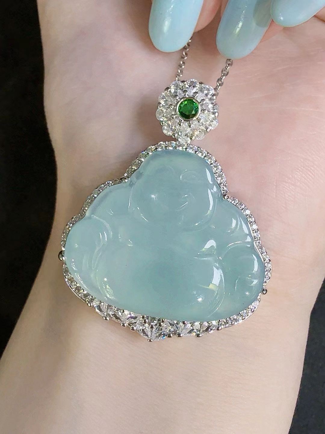 Natural sky blue jadeite Maitreya Buddha pendant