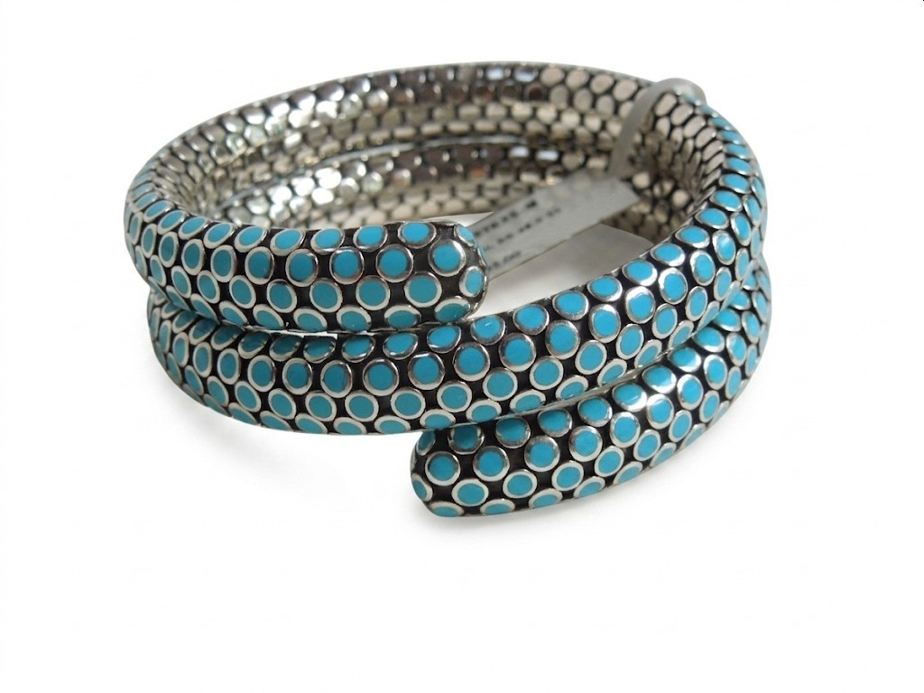 John Hardy Dot Turquoise Enamel Silver 28.5mm Coil Bracelet 99 grams $1,795 NWT