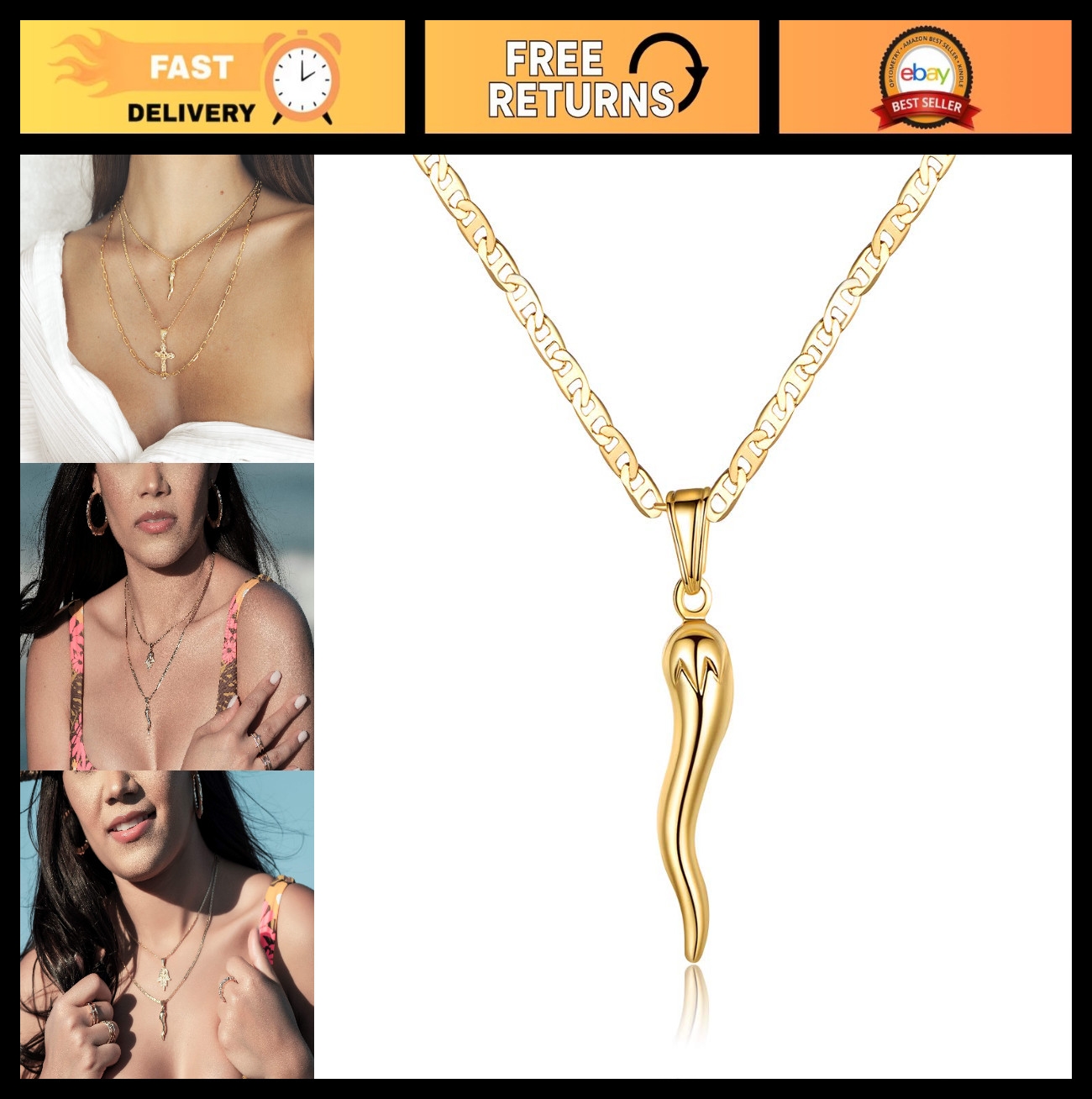 18K Gold Plated Flat Marina Chain Italian Horn Necklace Cornicello – Made in Bra
