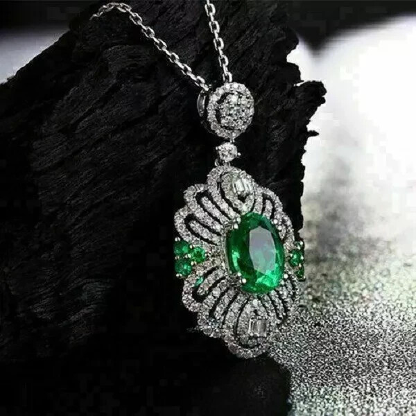 3Ct Oval Cut Green Emerald Gorgeous Pendant 14K White Gold Finish Free Chain