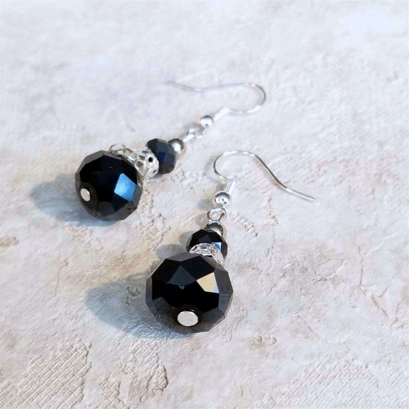 Victorian Black Crystal Silver Filigree Basket Handcrafted Earrings