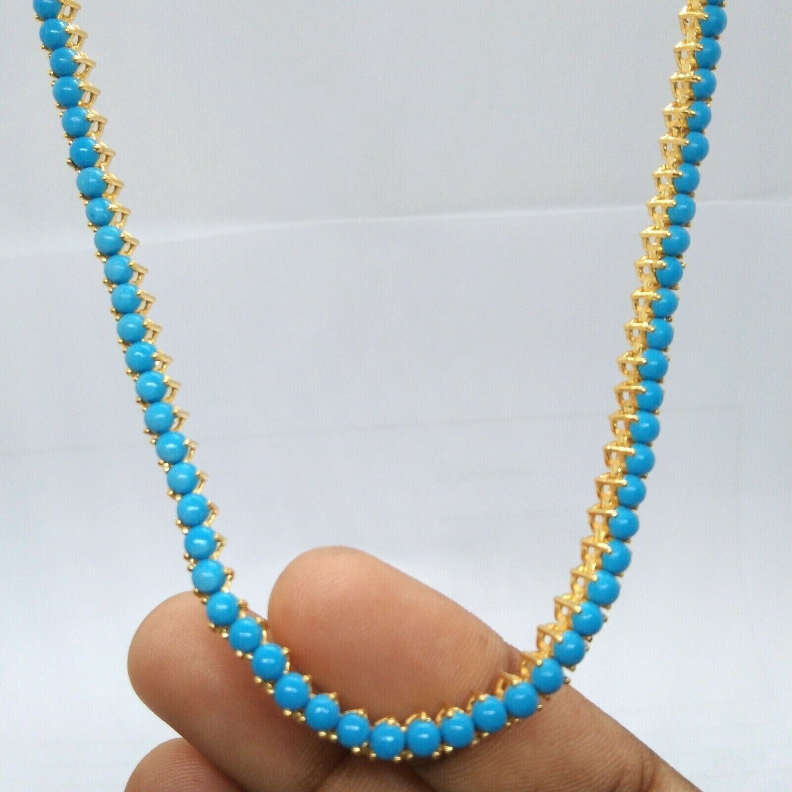 7CT Lab Created Turquoise 3Prong Tennis Necklace 14K Yellow Gold Plated