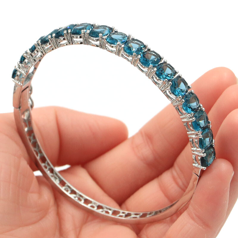 8x6mm SheCrown 15.6g London Blue Topaz Women Dating Silver Bangle Bracelet 9.0″