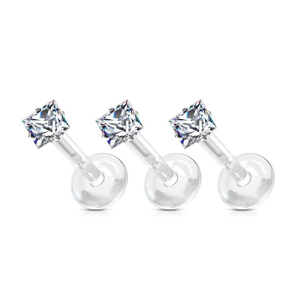 Pair Prong Set Square CZ Bio Flex Push In Ear Cartilage Helix Labret Tragus 16G