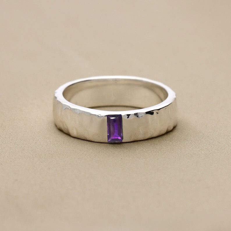 Solid 925 Sterling Silver Hammered Band Ring Amethyst Mens Ring Gift Him