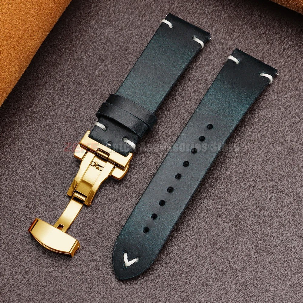 Genuine Leather Butterfly Buckle Watch Bands 18/20/22mm Waterproof Retro Oil Wax