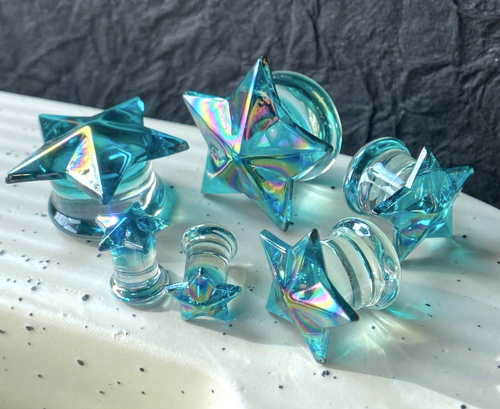 PAIR Glass Plugs Aqua Star Double Flare Gauges Tunnels Piercing Body Jewelry