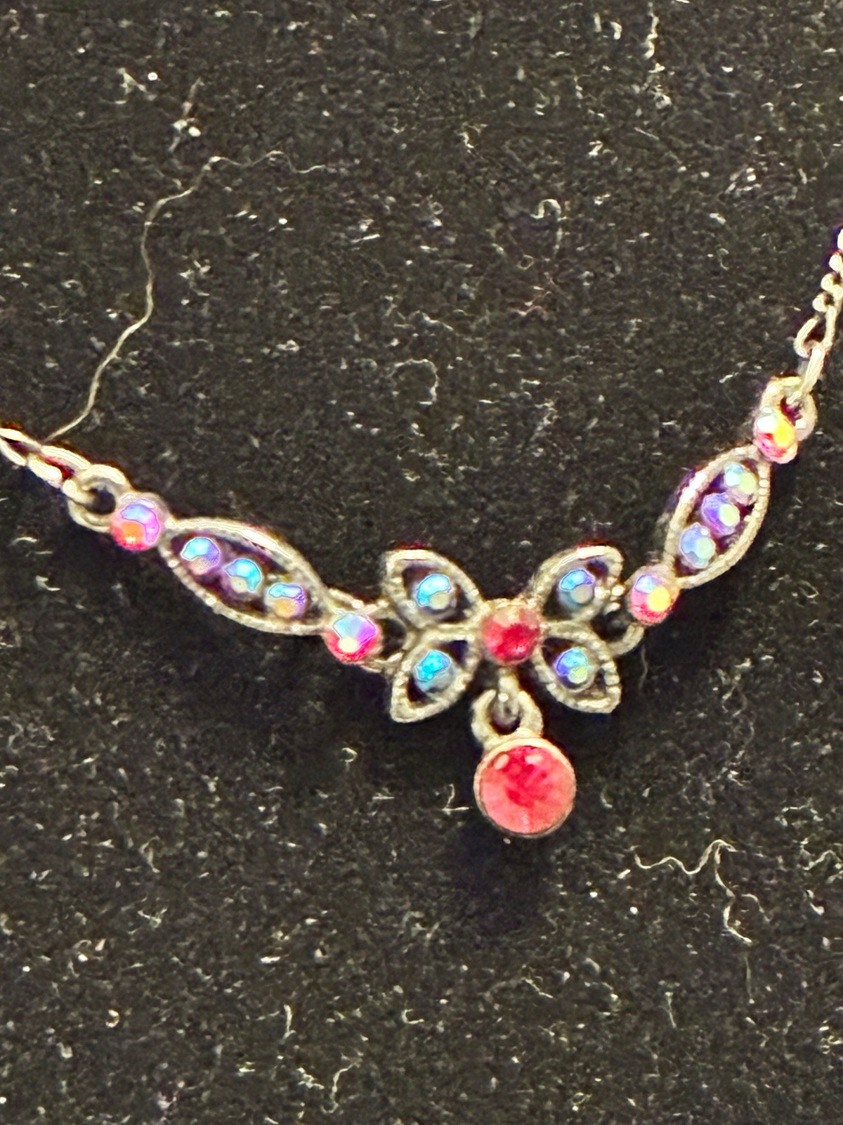 1928 Jewelry Co Silver Pink Rhinestone Butterfly Choker Necklace Aurora Borealis