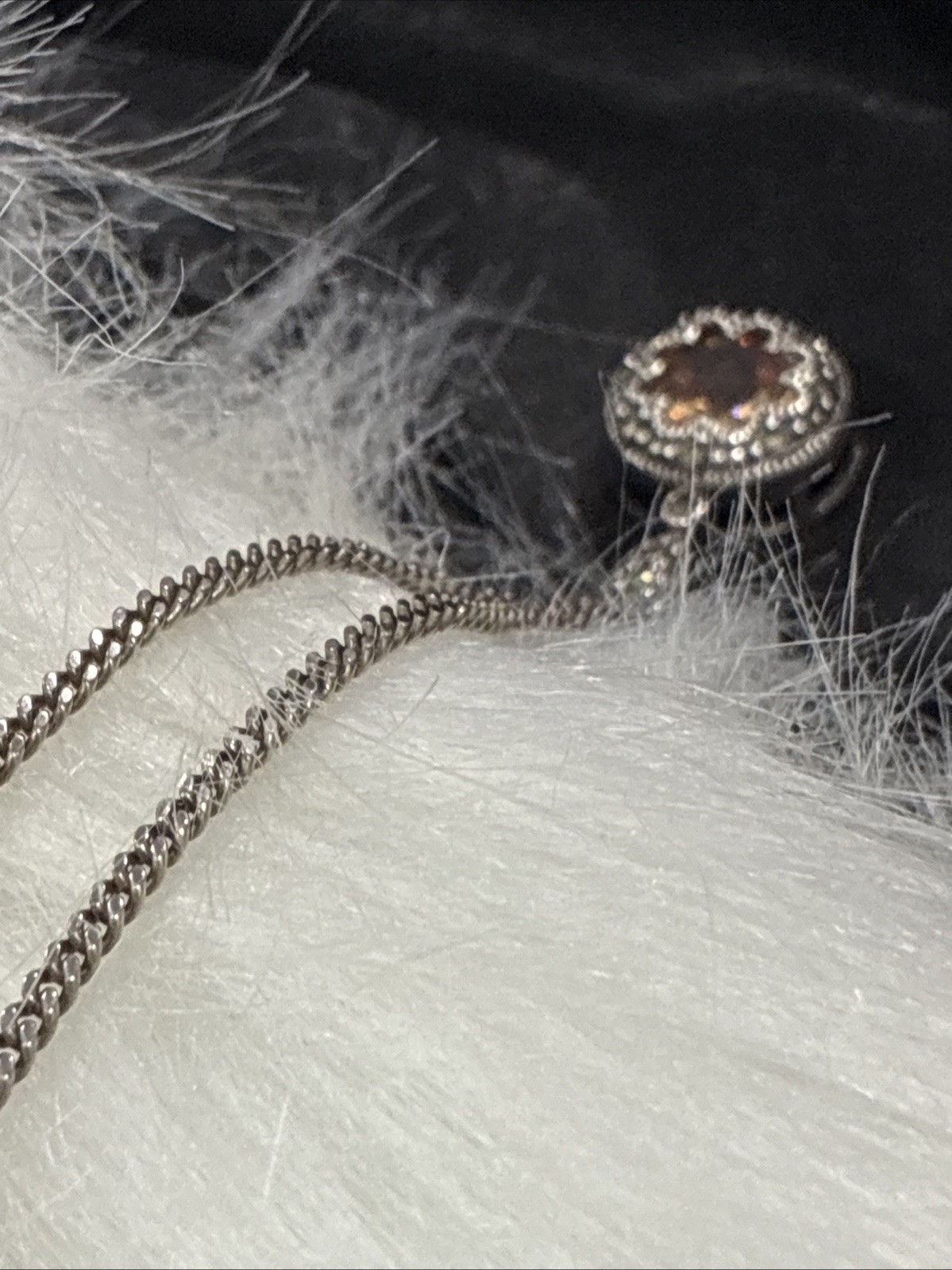 925 Italy Sterling Silver Curb Chain Peach Halo Black Marcasite Pendant Necklace