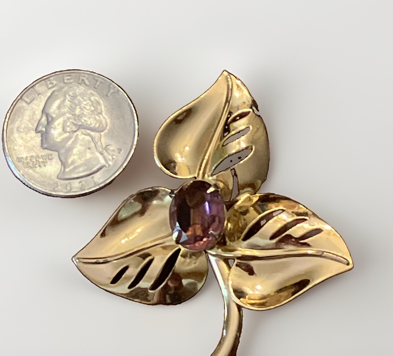 Vintage signed CORO Sterling Gold Vermeil Purple Amethyst Glass Rhinestone PIN