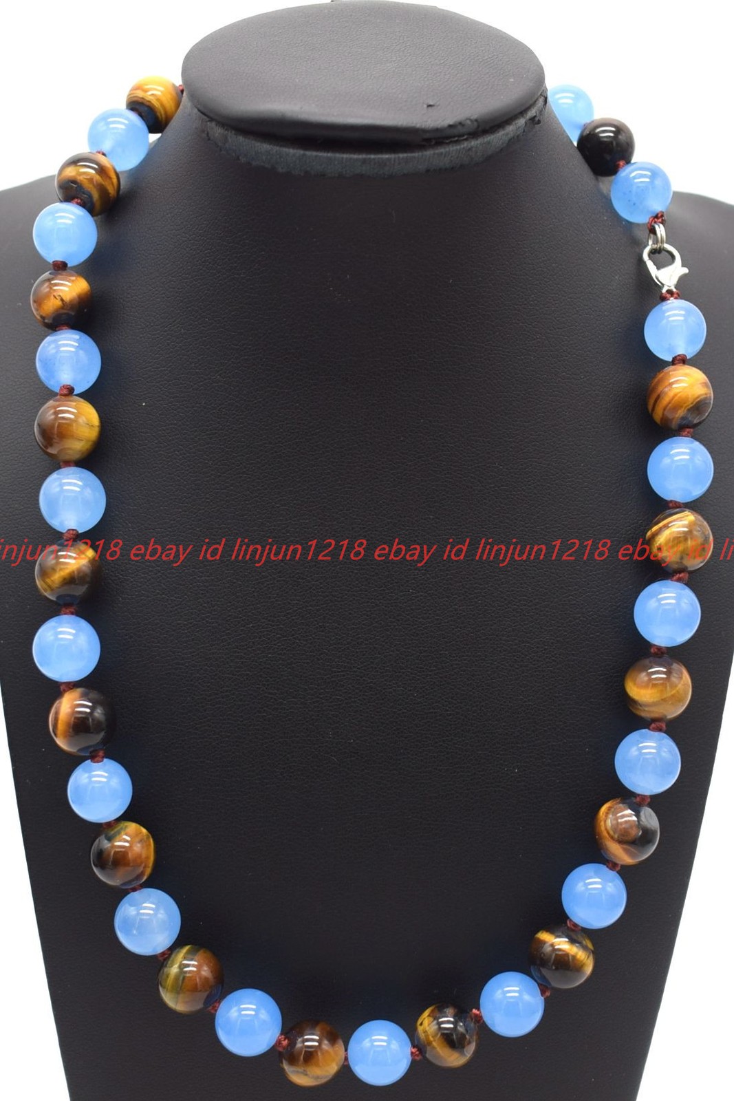 Natural 8/10/12mm Blue Jade Yellow Tiger’s Eye Round Gemstone Necklace 16-36in