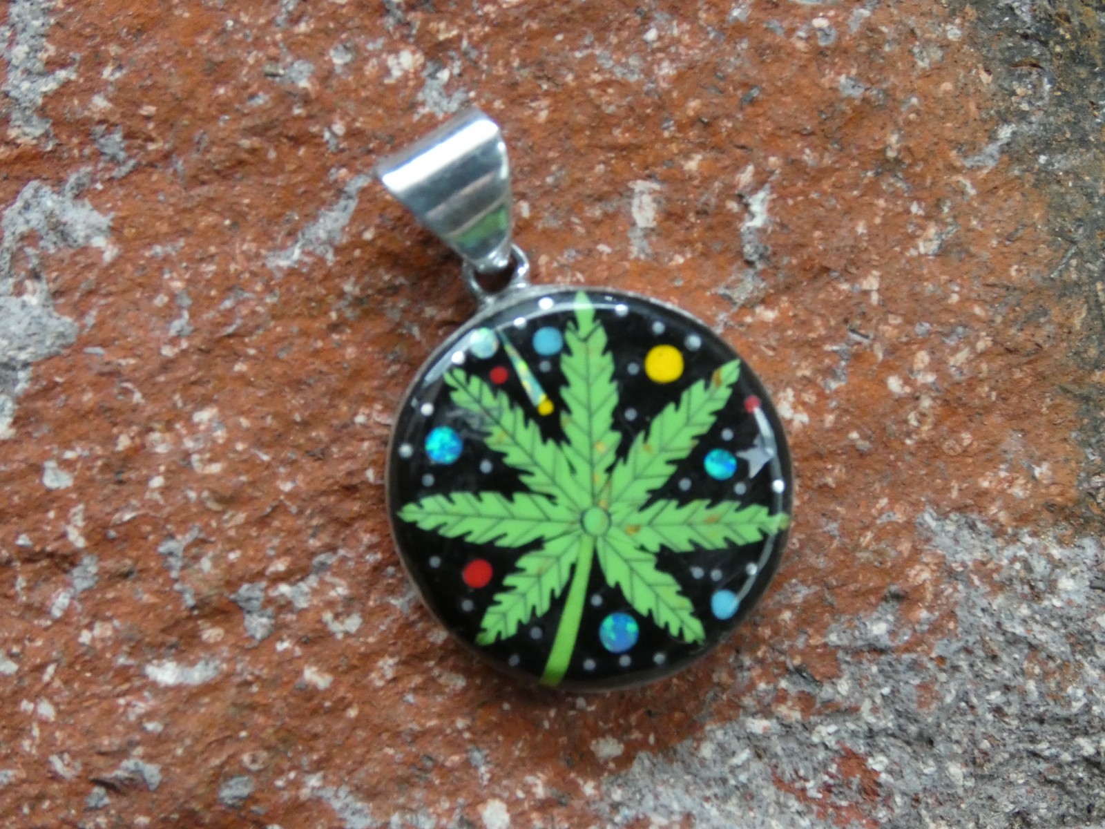 Marijuana Leaf 420 Gemstone Opal Aluminum Sterling Silver Alloy Pendant AS95